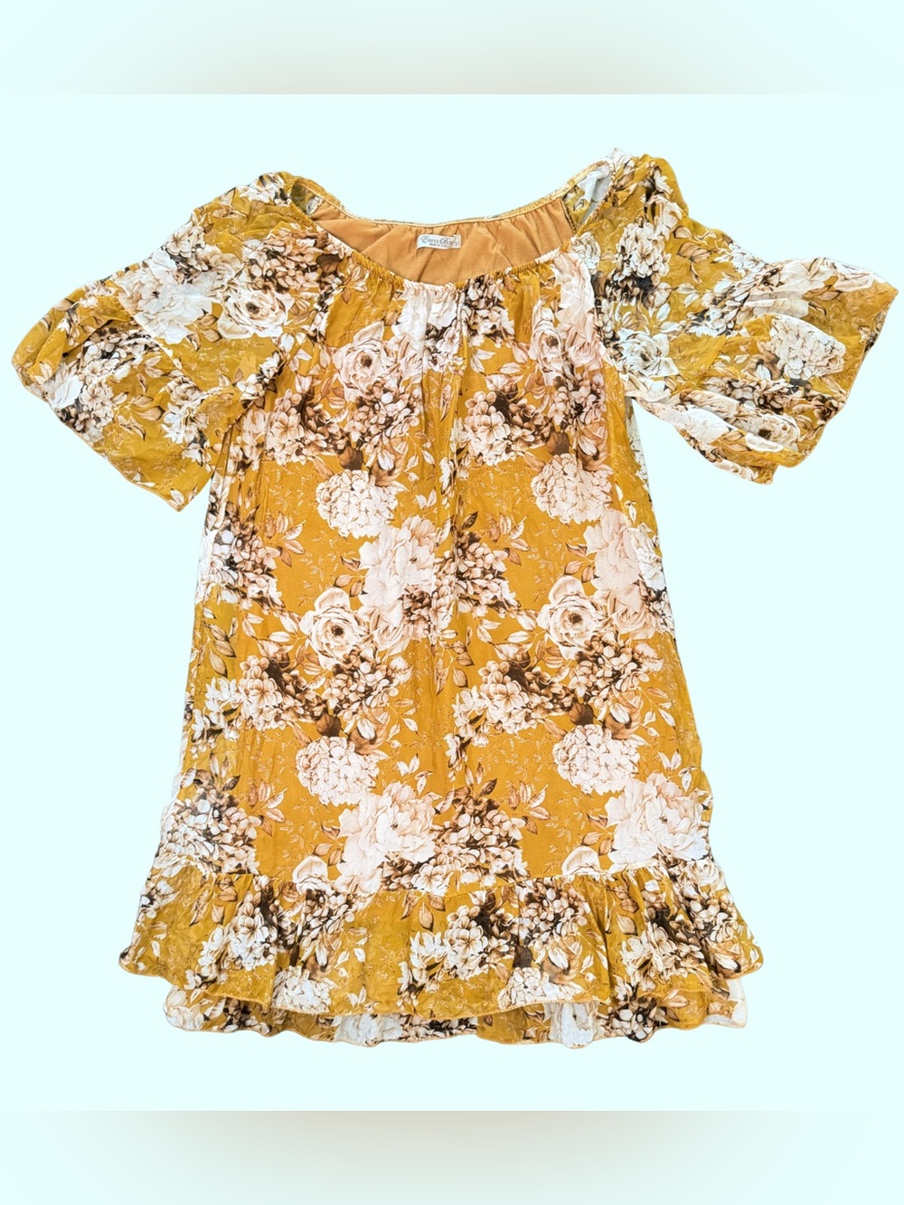 Elena Baldi Italian Mustard Floral Off-Shoulder Mini Dress